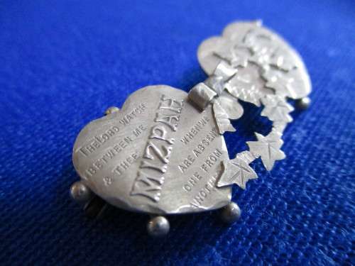 Antique Victorian Hallmarked Sterling Silver Mizpah Hearts Ivy and Bow Sweetheart Brooch Pin!