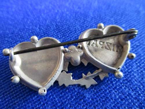 Antique Victorian Hallmarked Sterling Silver Mizpah Hearts Ivy and Bow Sweetheart Brooch Pin!