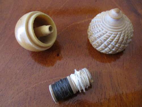 Reduced! Sewing Needle and Thread Case Treen Wood Box Shaped as Acorn