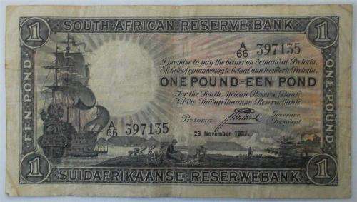 1937  1 Black Pound  South African Note