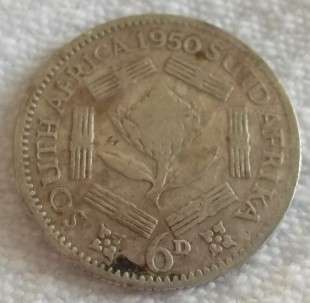 1950  6  Pence South African   Coin
