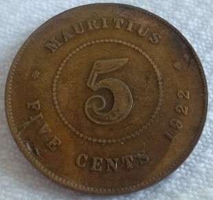 1922  5   cent   Mauritian  Coin