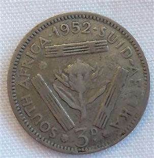 1952  South African King George 3 Pence Coin