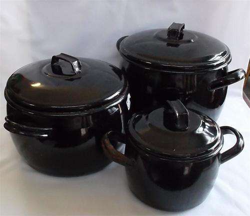 Set of 3 Vintage Black Enamel Pots