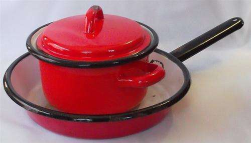 Polish Red Enamel Pot and Pan Set
