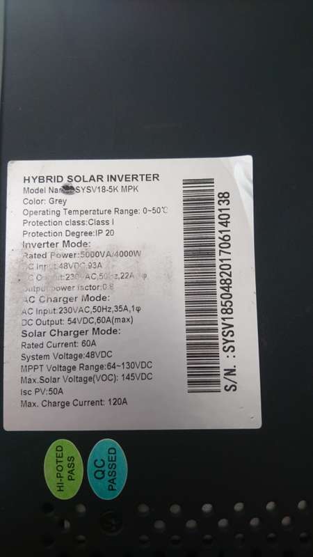 Synerji (Axpert) 5000VA Inverter, Pure Sinewave, 48V, 60A MPPT Solar Charger