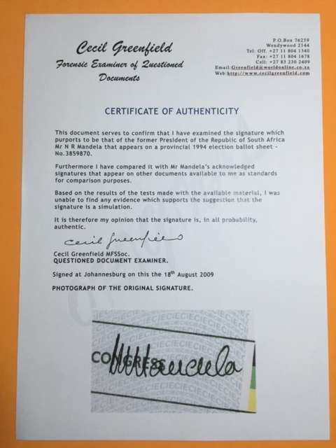Mandela signed signature Autograph ballot voting form