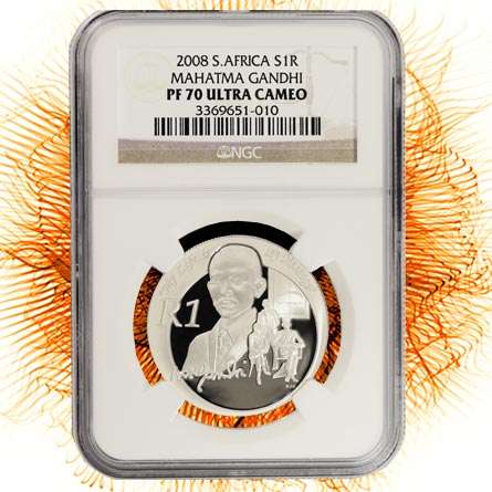 **MAHATMA GANDHI PF70 SILVER PROTEA R1 - 2008 - PERFECT COIN**
