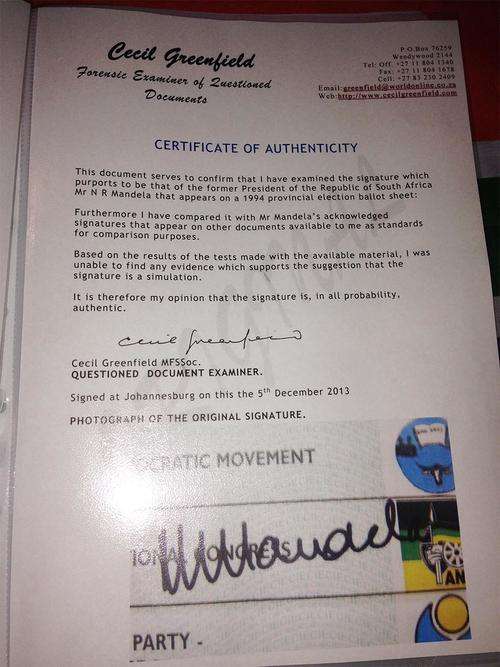 Mandela signed signature Autograph ballot voting form