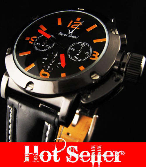 3 LEFT IN STOCK!! V6 Super Speed Mens Luxury Designer Racing Aviation / Aviator Orange & Black Watch