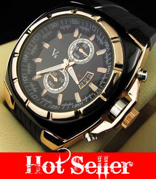 V6 Black & Gold Luxury Designer Mens Aviator Military Watch