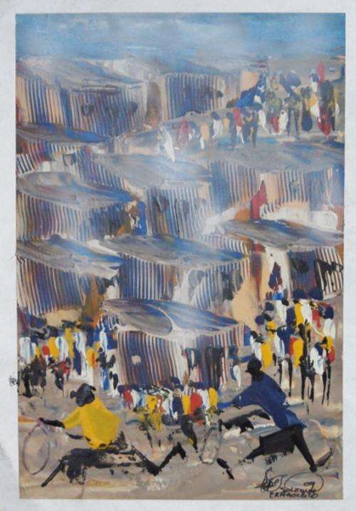 SOLOMON SEKHAOLO AFRICAN ARTWORK OIL ON PAPER " FUN IN THE TOWNSHIP"