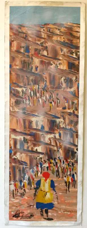 SOLOMON SEKHAOLELO "TOWNSHIP SCENE" OIL PAINTING