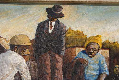 GEORGE PEMBA    OIL   ON BOARD  "BOYS PLAYING DICE 1987 "NO RESERVES
