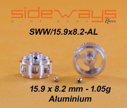 SIDEWAYS SWW/15.9 X 8.2 MM ALUMINIUM WHEELS X 2 for 2.38MM AXLE 1/32 SLOT CAR PARTS