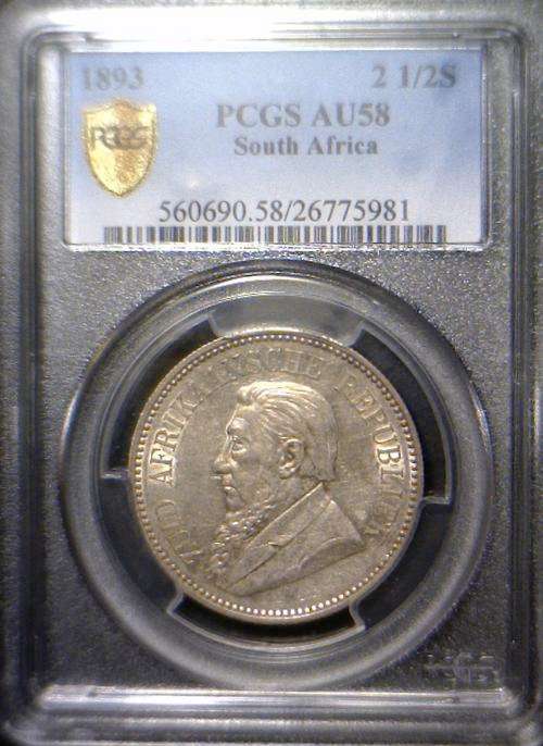 RESERVED for Johan van rensburg 1893 2.5 Shillings AU58!!! Stunning eye-appeal and super rare!!