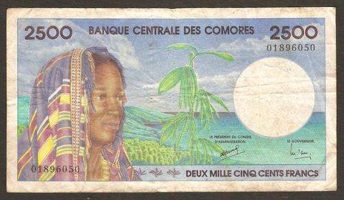 Comoros 2500 Francs ND(1984-2005) P.13 F condition