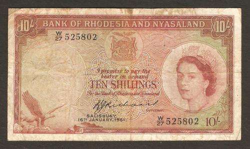 Rhodesia & Nyasaland 10 Shillings 1961 P.20b VG condition