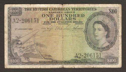 British Caribbean Territories 100 Dollars 1957 P.12b G+ condition - *Rare in any condition*
