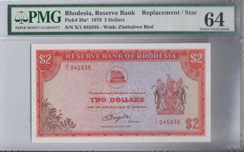 Reserve Bank of Rhodesia  2 Dollars 1979 REPLACEMENT NOTE Pick # 39a PMG 64 Choice UNC