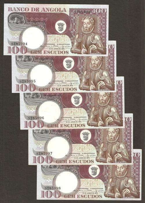 Angola - Lot of 5, 100 Escudos 1973 P.106 notes in numerical order