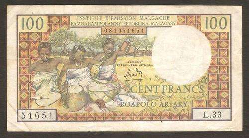 Madagascar 100 Francs ND(1966) P.57a(1) F+ condition