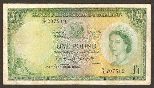 Rhodesia & Nyasaland 1 Pound 1956 P.21a F condition