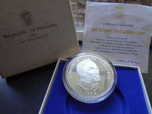 Panama 20 Balboas 1974, Proof coin in plastic capsule - 129.6g of Sterling Silver