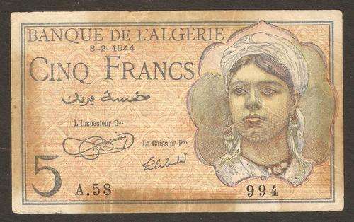 Algeria 5 Francs 1944 P.94a F condition