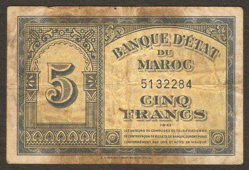 Morocco 5 Francs 1943 P.24 VG condition