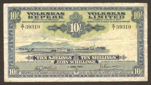 South West Africa - Volkskas Ltd. 10 Shillings 1952 P.13a F+ condition