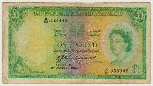 Rhodesia & Nyasaland 1 Pound 1961 P.21b VG+ condition "reserved for RamChi6708"