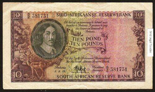 SA 10 Pounds (MH de Kock 3rd issue) 1953, in F+ condition