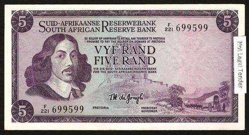 SA 5 Rand (TW de Jongh 1st issue)1967, A/E, in EF+ condition - With serial no. *699599*
