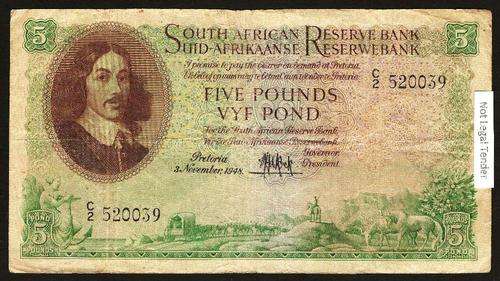 SA 5 Pounds (M de Kock 2nd issue)1948, E/A, in VG condition - 'Light Green' type