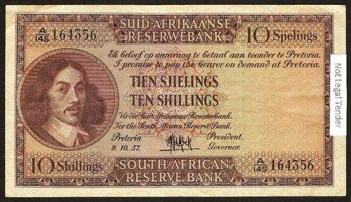 SA 10 Shillings (M de Kock 3rd issue)1957, A/E, in F+/VF condition