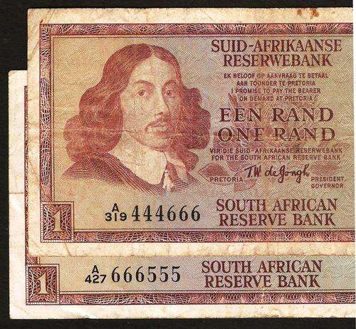 SA 1 Rand (TW de Jongh 1st issue)1967, A/E - Pair of notes with unique serial numbers