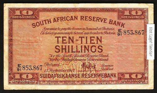 SA 10 Shillings (M de Kock 1st issue)1947 in VG+/F condition