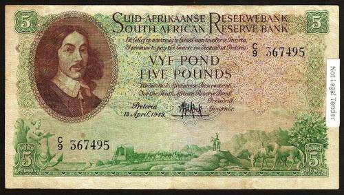SA 5 Pounds (M de Kock 2nd issue)1949, A/E in F+ condition - 'Light Green' type