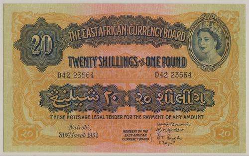 East Africa 20 Shillings/1 Pound 1953 P.35a About Uncirculated (AU)