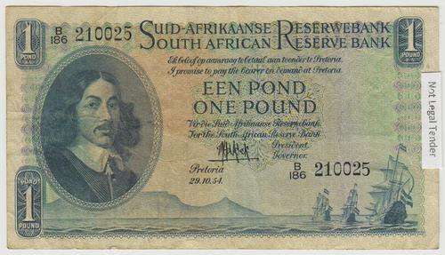 SA 1 Pound (M de Kock 3rd issue)1954, A/E in F/F+ condition