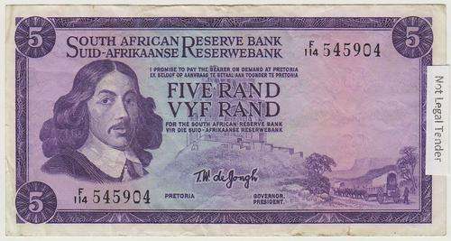 SA 5 Rand (TW de Jongh 1st issue)1967, E/A in F+ condition