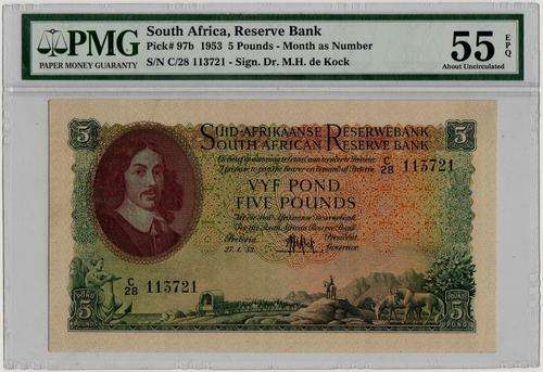 SA 5 Pounds (M de Kock 3rd issue)1953, A/E *PMG Graded aUNC 55*