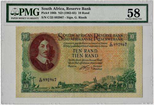 SA 10 Rand (G Rissik 1st issue)1962, E/A *PMG Graded aUNC 58*