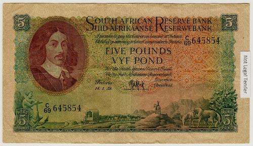 SA 5 Pounds (M de Kock 3rd issue)1959, E/A in F+/VF condition