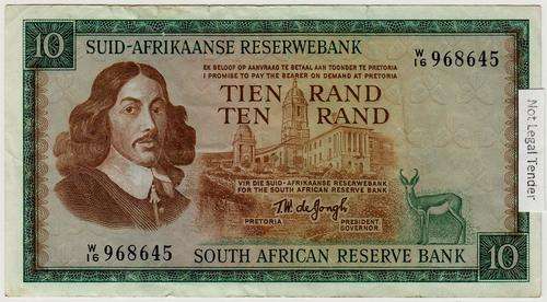 SA 10 Rand (TW de Jongh 3rd Issue)1975, A/E in VF condition - *W16 Prefix Replacement note*