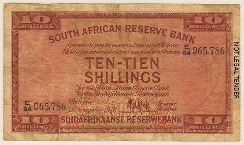 SA 10 Shillings (M de Kock 1st Issue)1946 in VG condition