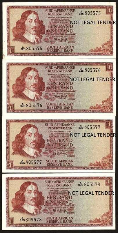 SA 1 Rand (TW de Jongh 1st issue)1967, A/E, 4 notes in numerical order