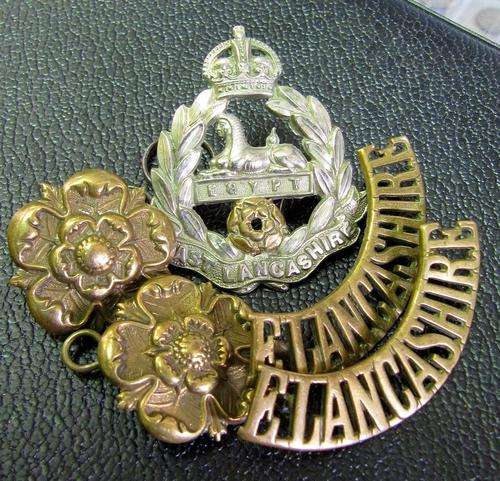 WWI-WWII British Royal Military, East Lancashire Reg. Cap/Collar/Shoulder badges