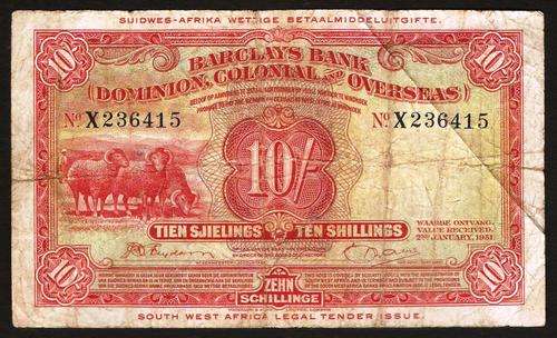 South West Africa(Barclays Bank) 10 Shillings 1951 P.1c VG condition